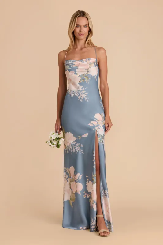 Olivia Matte Satin Dress - Dusty Blue Romantic Bouquet sold by Birdy Grey