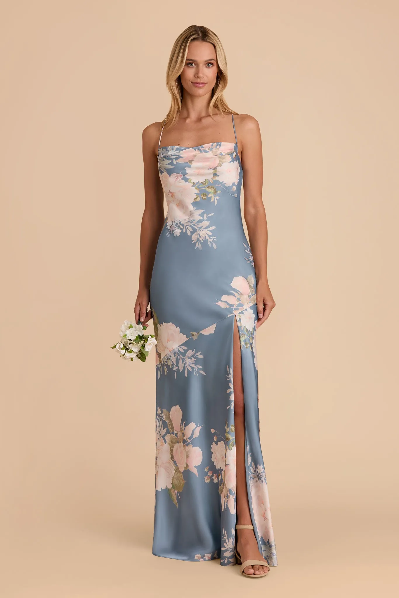 Olivia Matte Satin Dress - Dusty Blue Romantic Bouquet sold by Birdy Grey