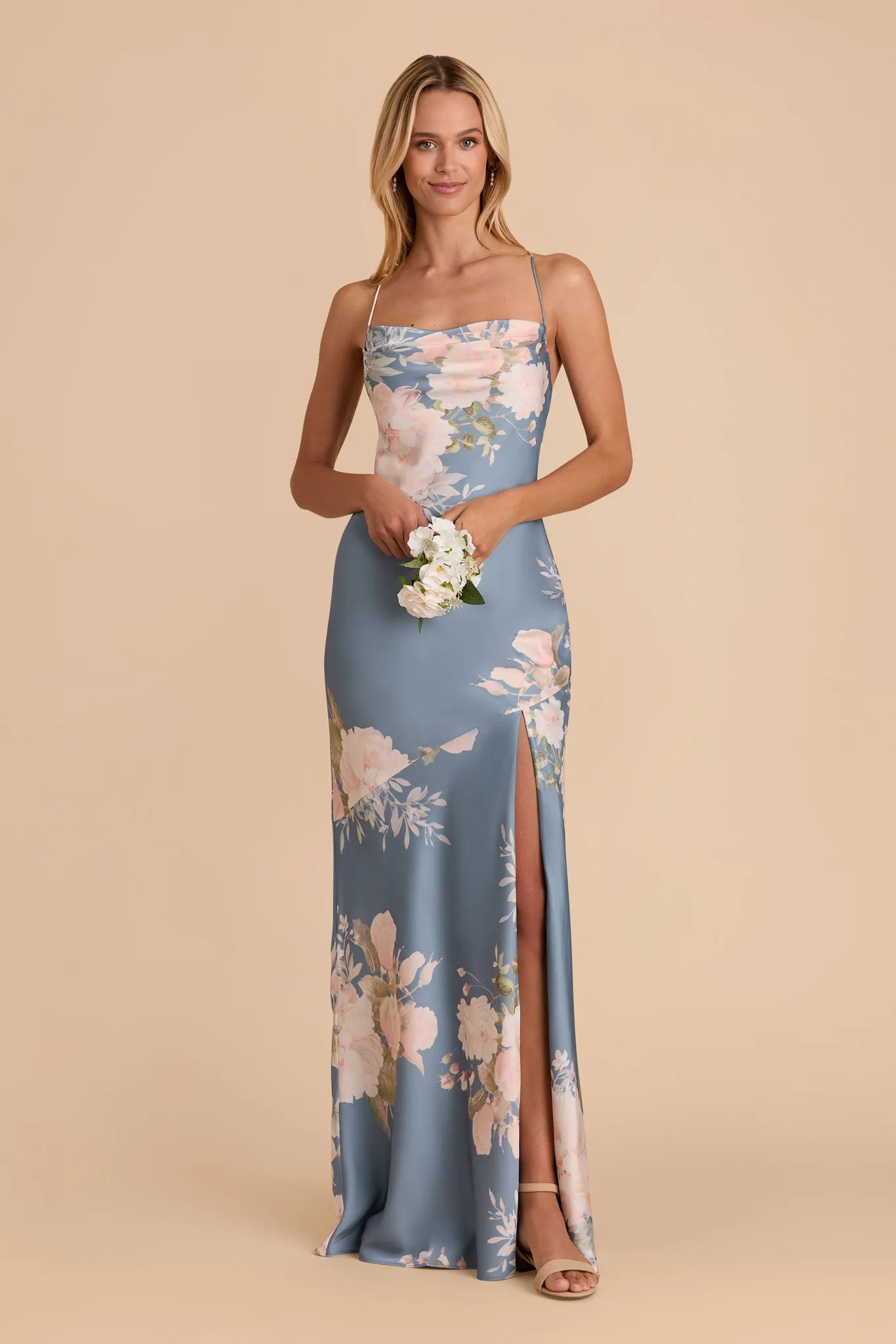 Olivia Matte Satin Dress - Dusty Blue Romantic Bouquet sold by Birdy Grey product image thumbnail 3