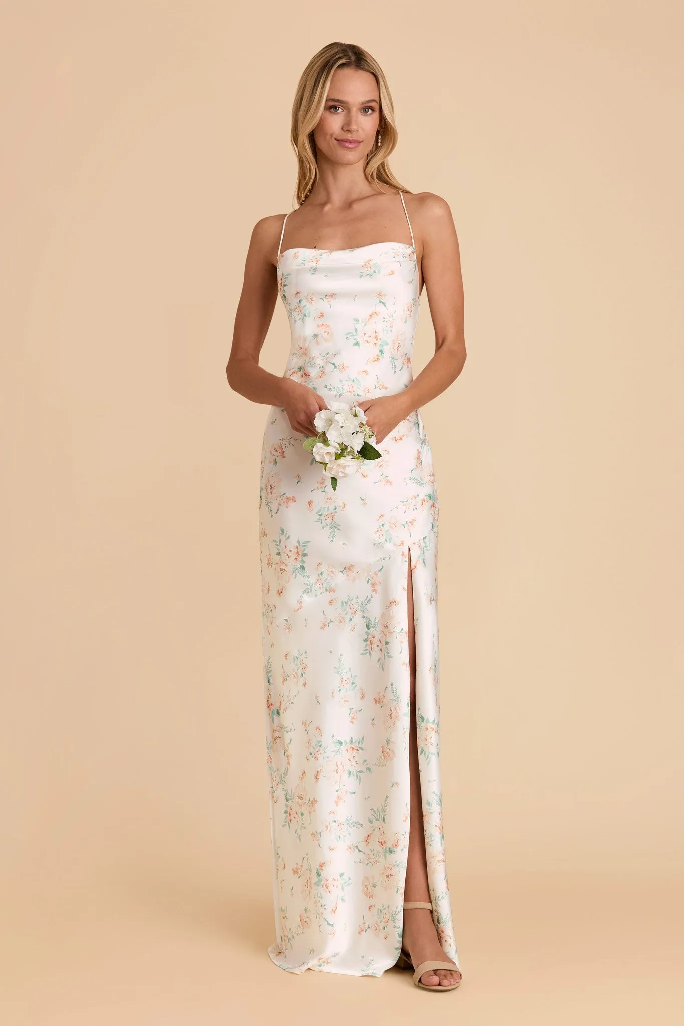 Olivia Matte Satin Dress - Apricot Whimsical Blooms sold by Birdy Grey product image thumbnail 3