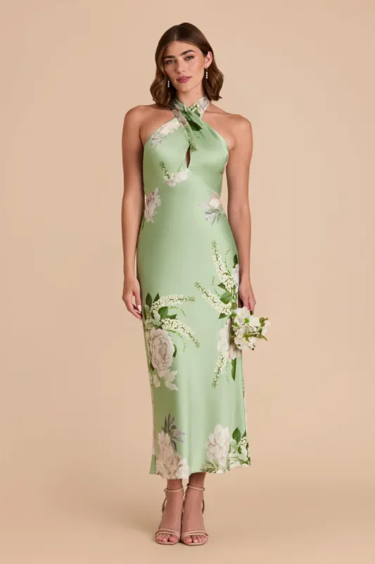 Monique Matte Satin Dress - Pistachio Garden Bloom sold by Birdy Grey