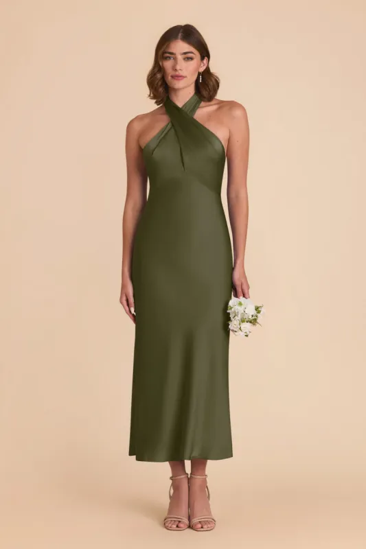 Monique Matte Satin Dress - Olive sold by Birdy Grey