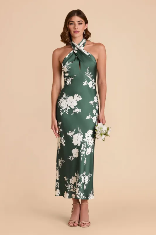 Monique Matte Satin Dress - Eucalyptus Whimsical Blooms sold by Birdy Grey