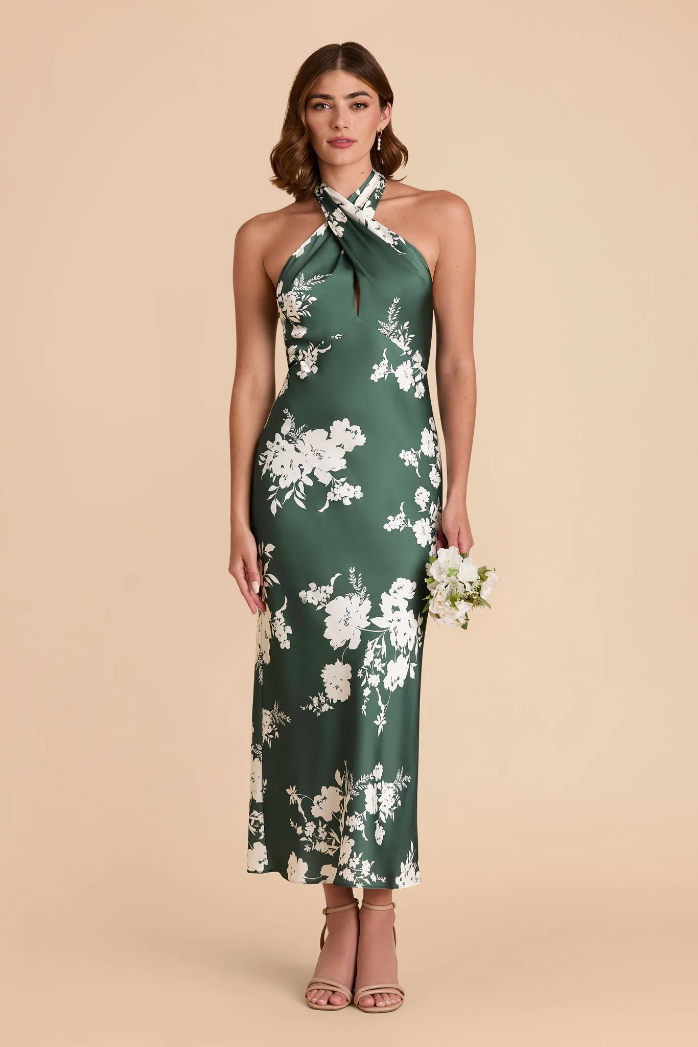 Monique Matte Satin Dress - Eucalyptus Whimsical Blooms sold by Birdy Grey