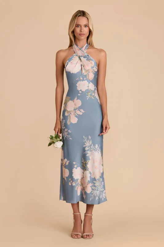 Monique Matte Satin Dress - Dusty Blue Romantic Bouquet sold by Birdy Grey
