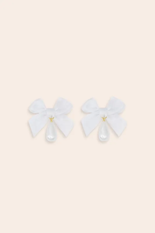 Bow Drop Pearl Earrings by Petit Moments - White sold by Birdy Grey