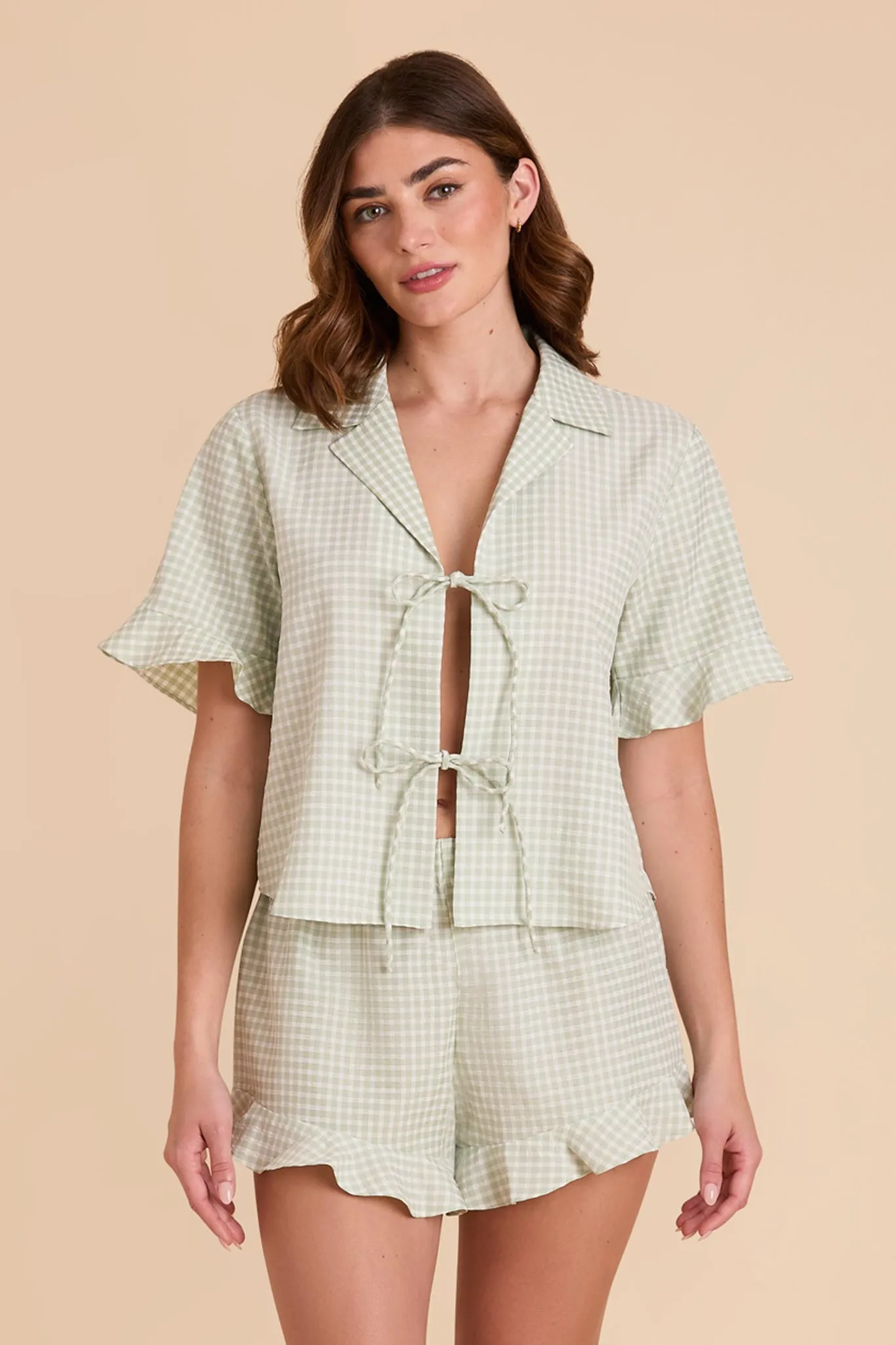 Frankie Tie Front Ruffle Pajama Set - Pistachio Gingham sold by Birdy Grey