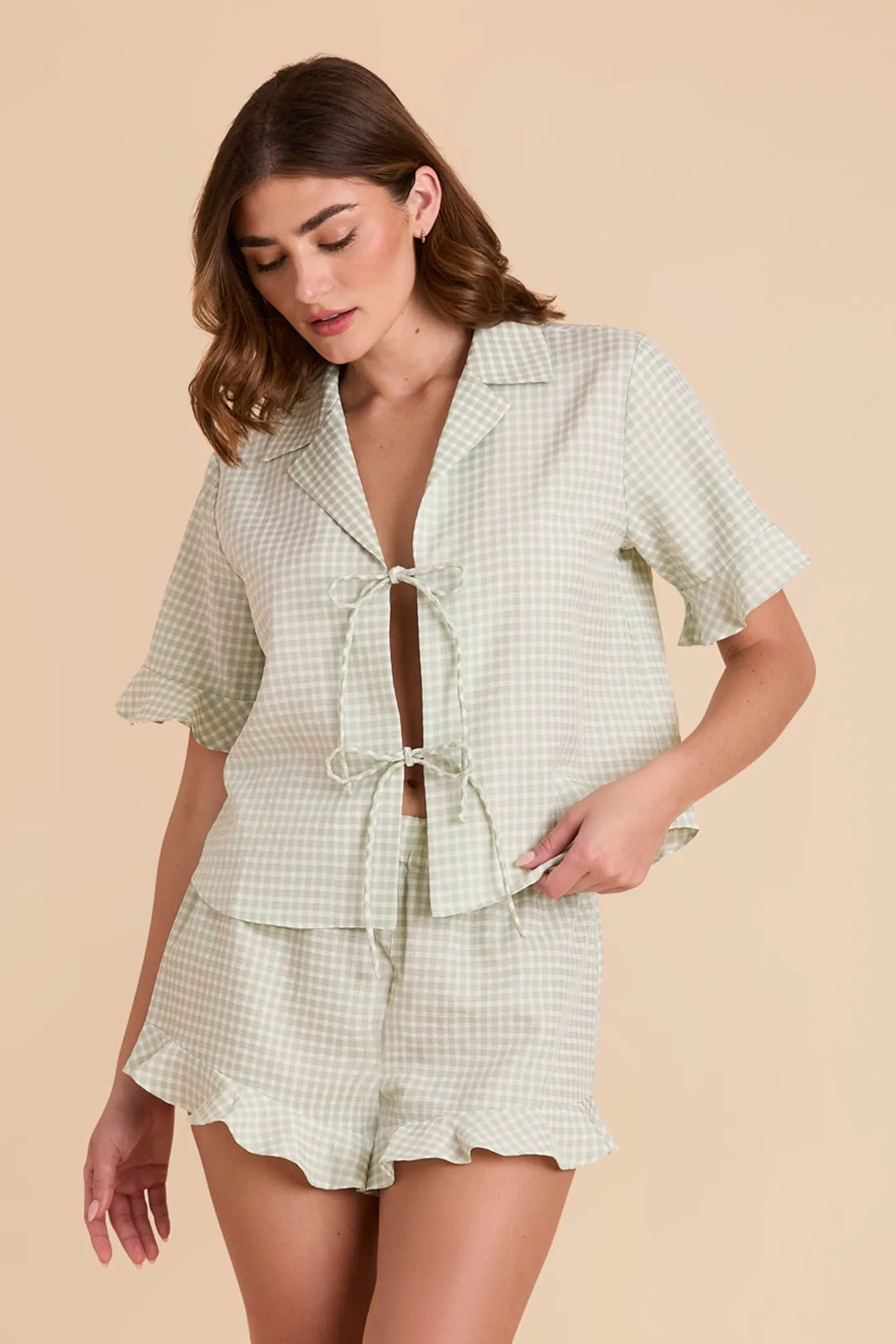 Frankie Tie Front Ruffle Pajama Set - Pistachio Gingham sold by Birdy Grey product image thumbnail 4