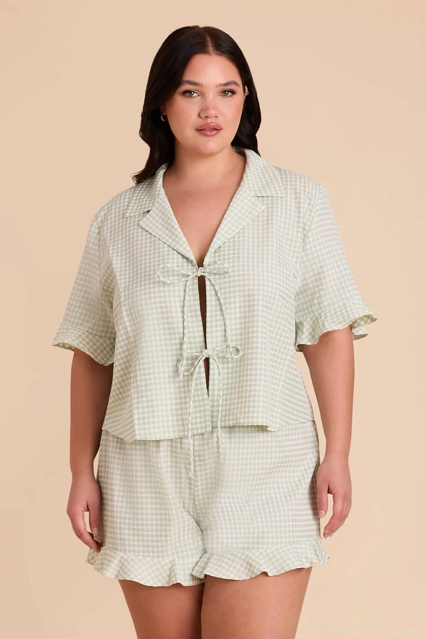Frankie Tie Front Ruffle Pajama Set - Pistachio Gingham sold by Birdy Grey product image thumbnail 3