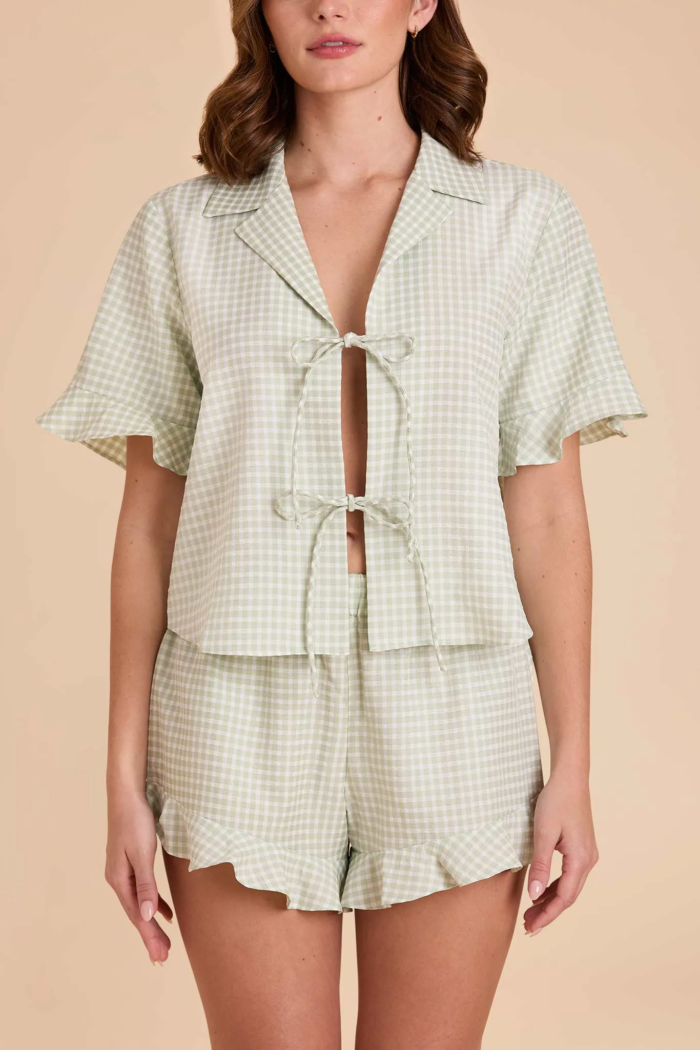 Frankie Tie Front Ruffle Pajama Set - Pistachio Gingham sold by Birdy Grey product image thumbnail 5