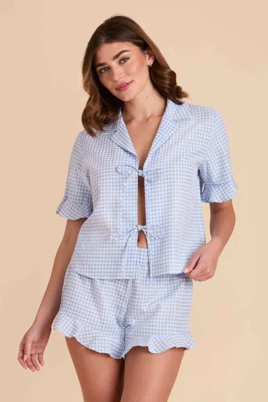 Frankie Tie Front Ruffle Pajama Set - Periwinkle Blue Gingham sold by Birdy Grey