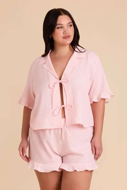 Frankie Tie Front Ruffle Pajama Set - Coral Pink Gingham sold by Birdy Grey