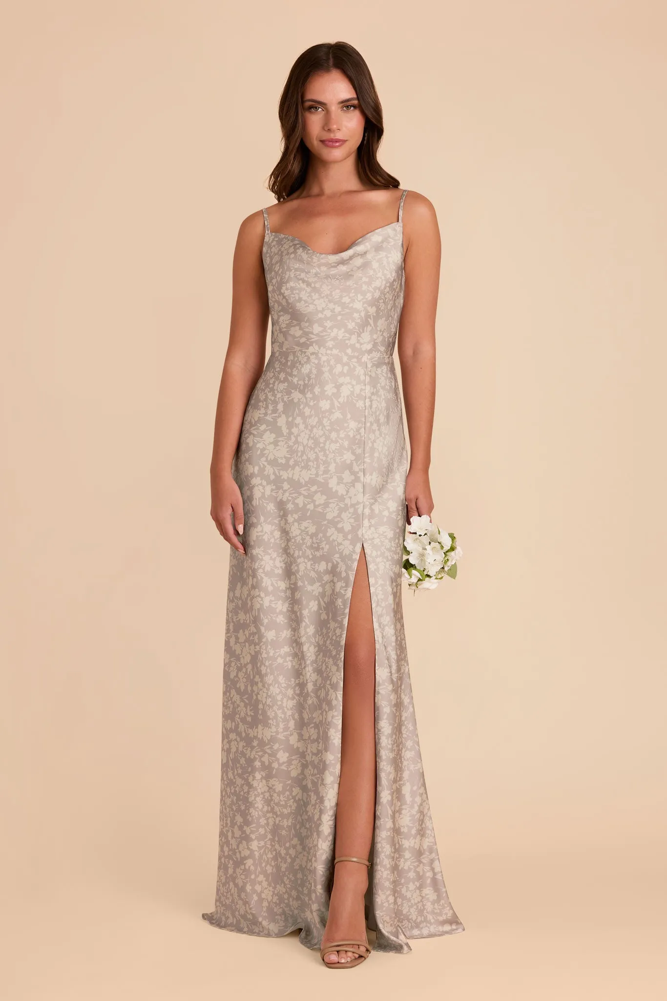 Lisa Long Matte Satin Dress - Almond Dreamy Floral sold by Birdy Grey