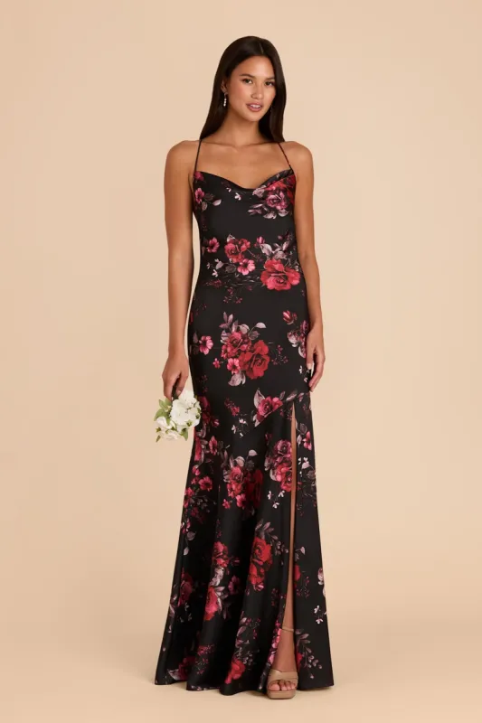 Olivia Matte Satin Dress - Black Fleurs D'Amour sold by Birdy Grey