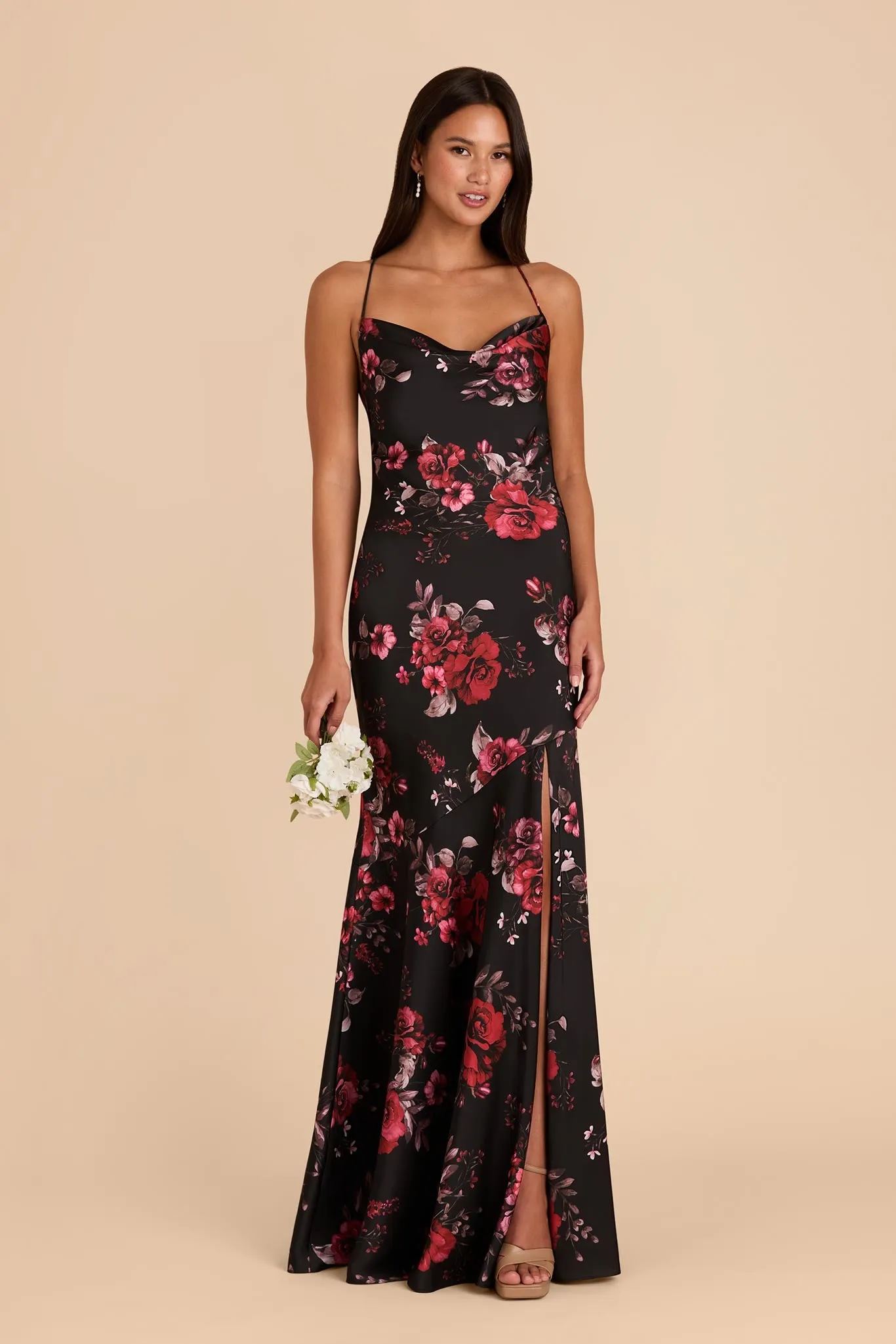 Olivia Matte Satin Dress - Black Fleurs D'Amour sold by Birdy Grey