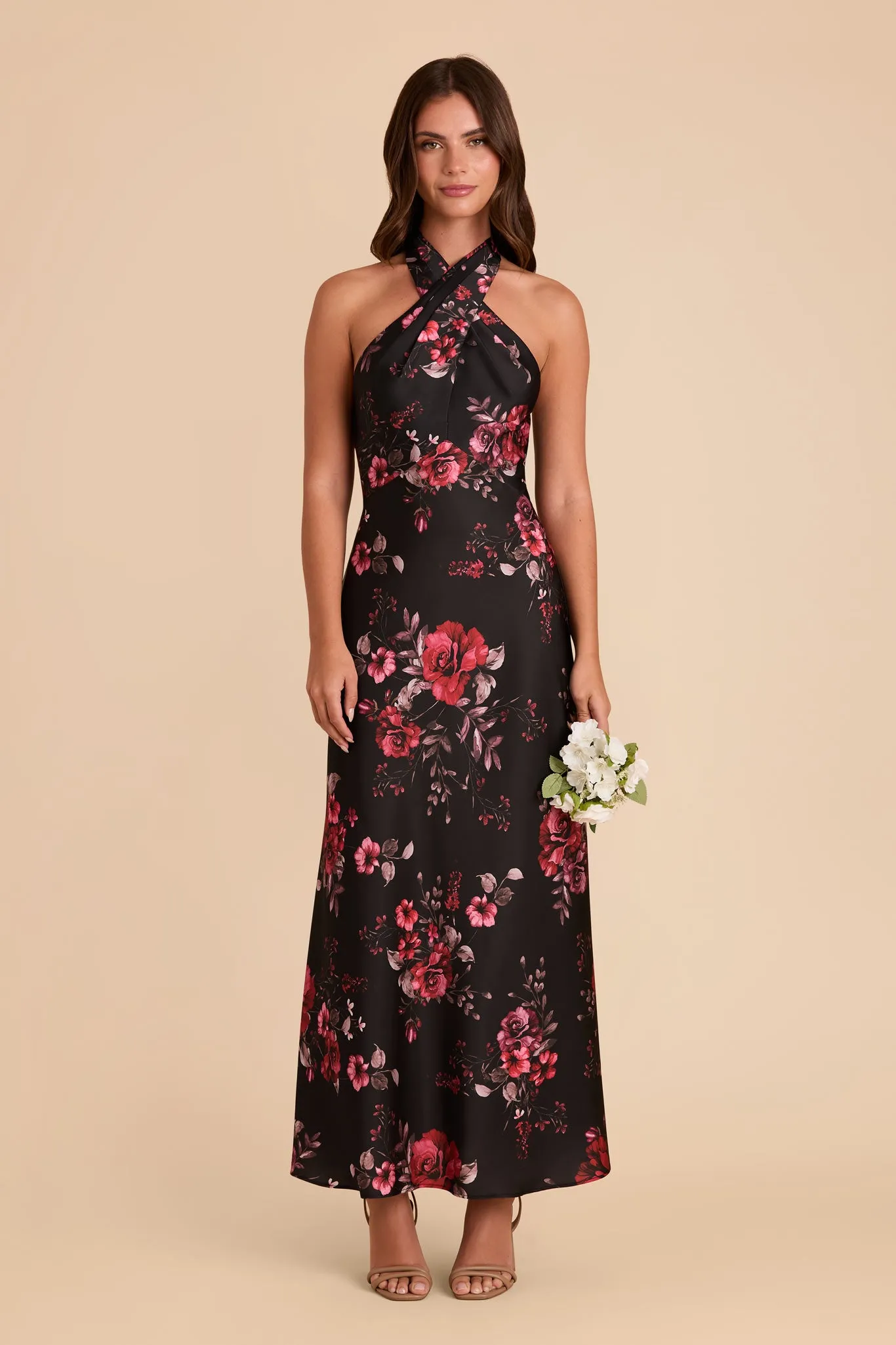 Monique Matte Satin Dress - Black Fleurs D'Amour sold by Birdy Grey