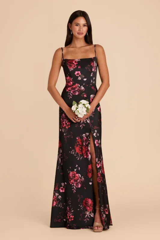 Mai Matte Satin Dress - Black Fleurs D'Amour sold by Birdy Grey