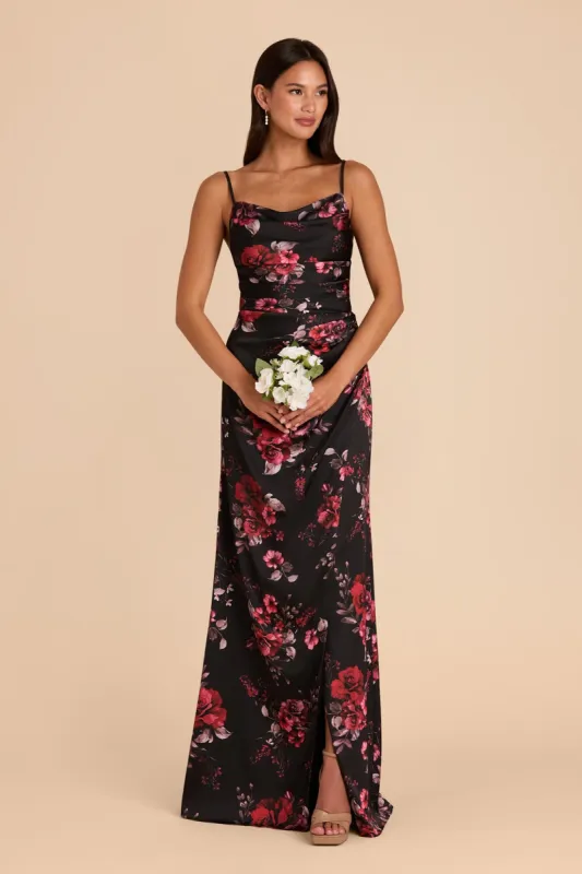 Lydia Matte Satin Dress - Black Fleurs D'Amour sold by Birdy Grey