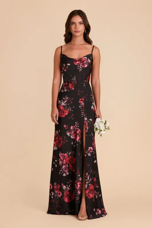 Lisa Long Matte Satin Dress - Black Fleurs D'Amour sold by Birdy Grey