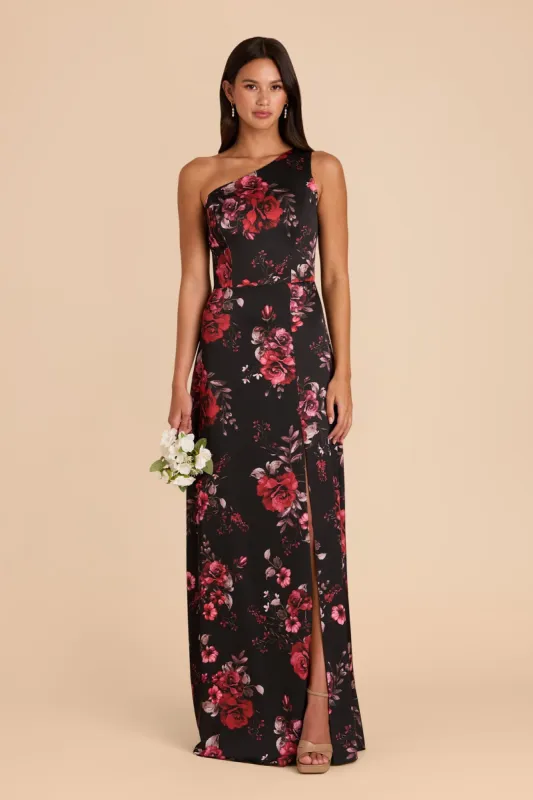 Kira Matte Satin Dress - Black Fleurs D'Amour sold by Birdy Grey