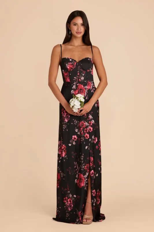 Jessica Matte Satin Dress - Black Fleurs D'Amour sold by Birdy Grey
