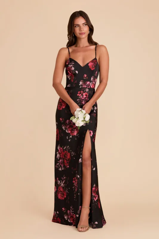 Jay Matte Satin Dress - Black Fleurs D'Amour sold by Birdy Grey