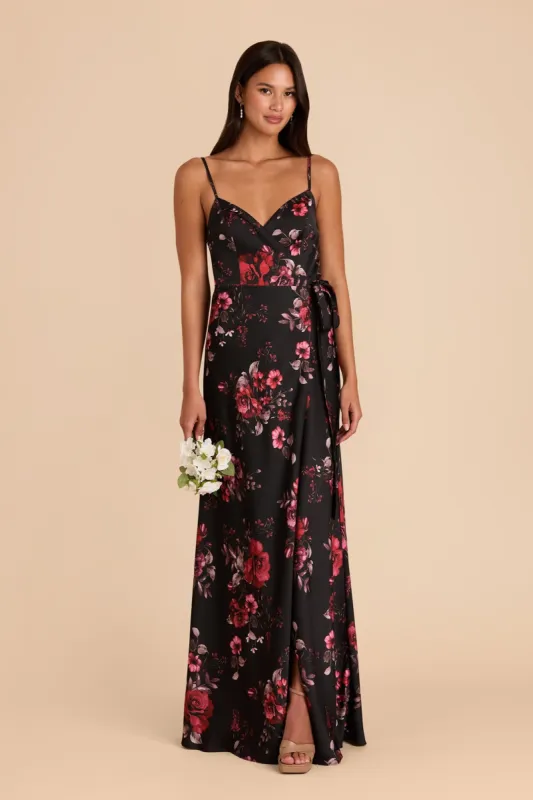 Cindy Matte Satin Dress - Black Fleurs D'Amour sold by Birdy Grey