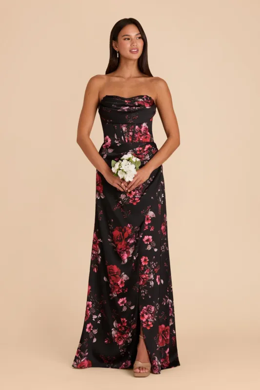 Carrie Matte Satin Dress - Black Fleurs D'Amour sold by Birdy Grey