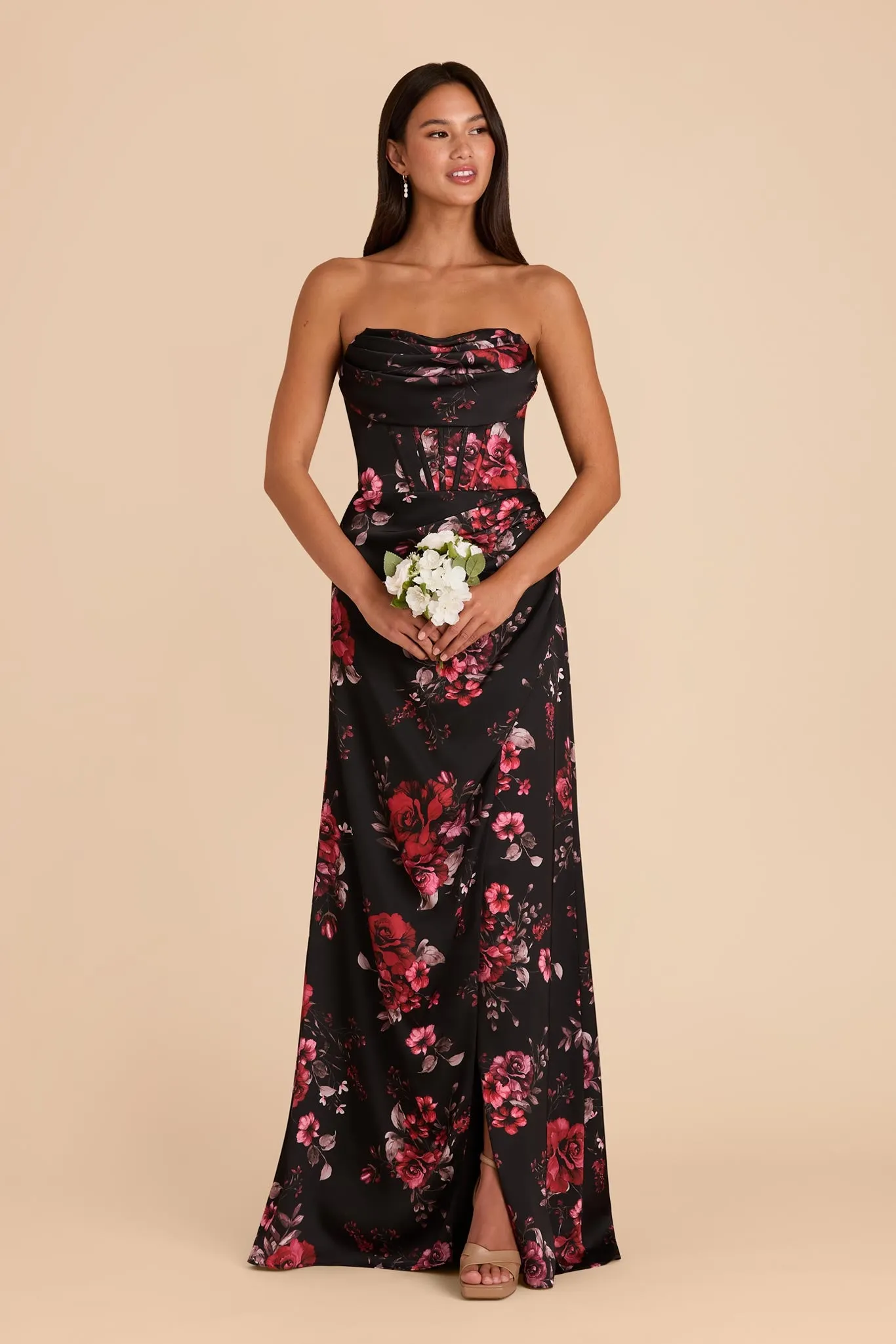 Carrie Matte Satin Dress - Black Fleurs D'Amour sold by Birdy Grey
