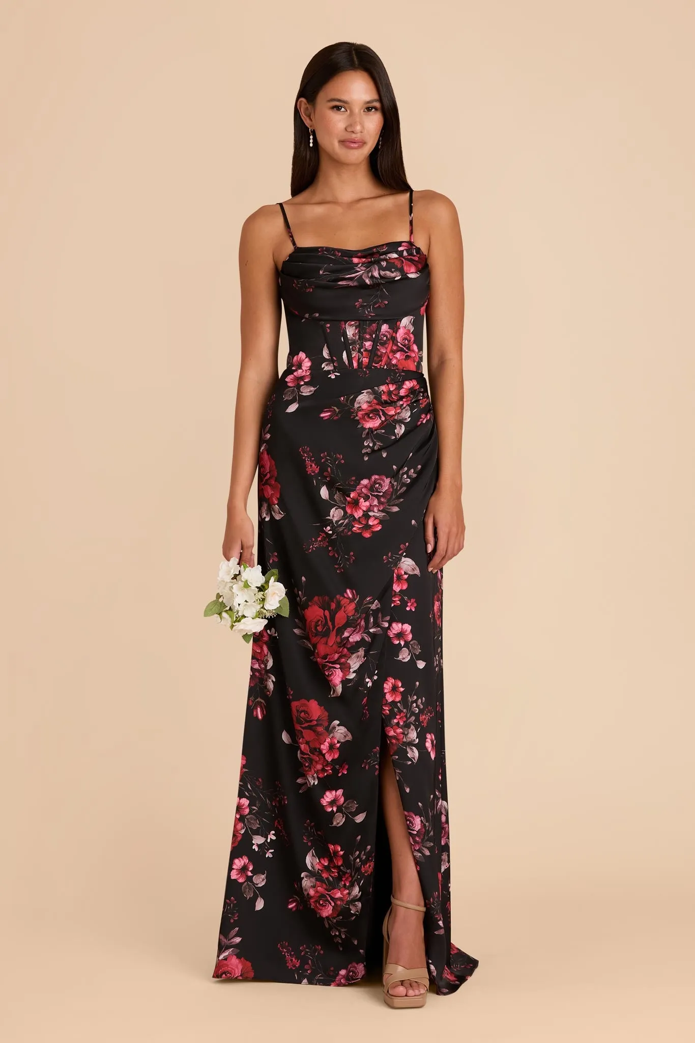 Carrie Matte Satin Dress - Black Fleurs D'Amour sold by Birdy Grey product image thumbnail 2