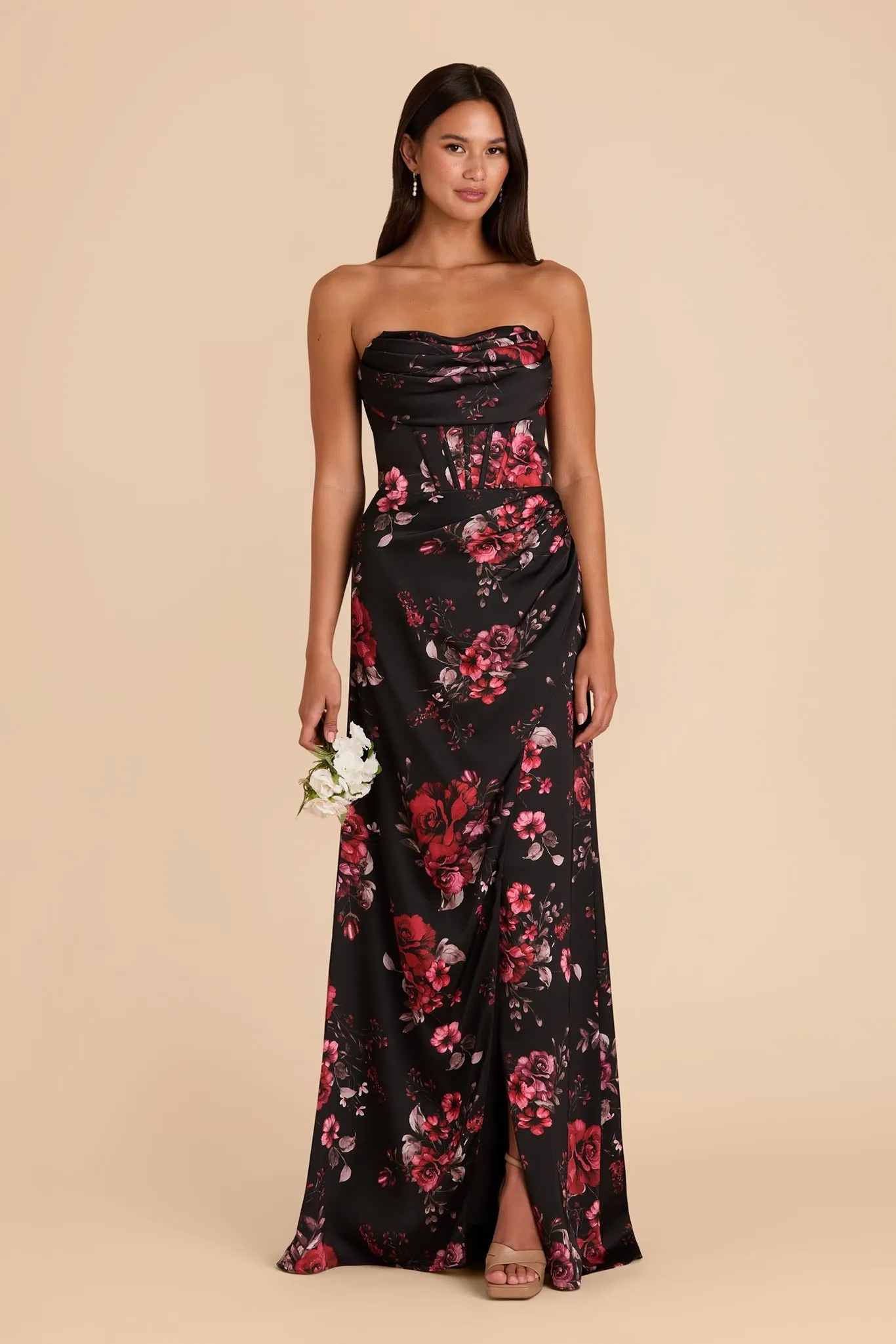 Carrie Matte Satin Dress - Black Fleurs D'Amour sold by Birdy Grey product image thumbnail 3