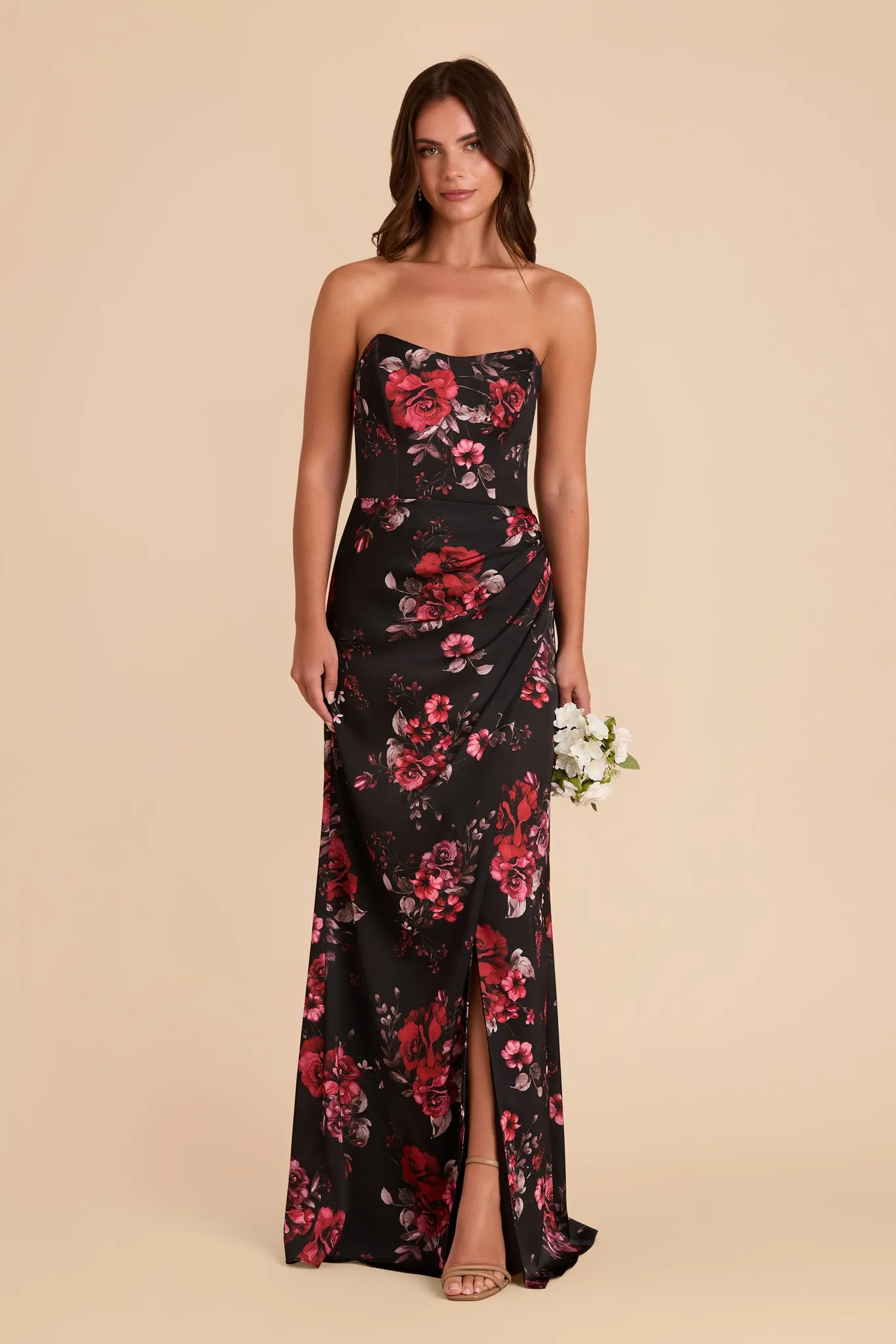Anne Matte Satin Dress - Black Fleurs D'Amour sold by Birdy Grey