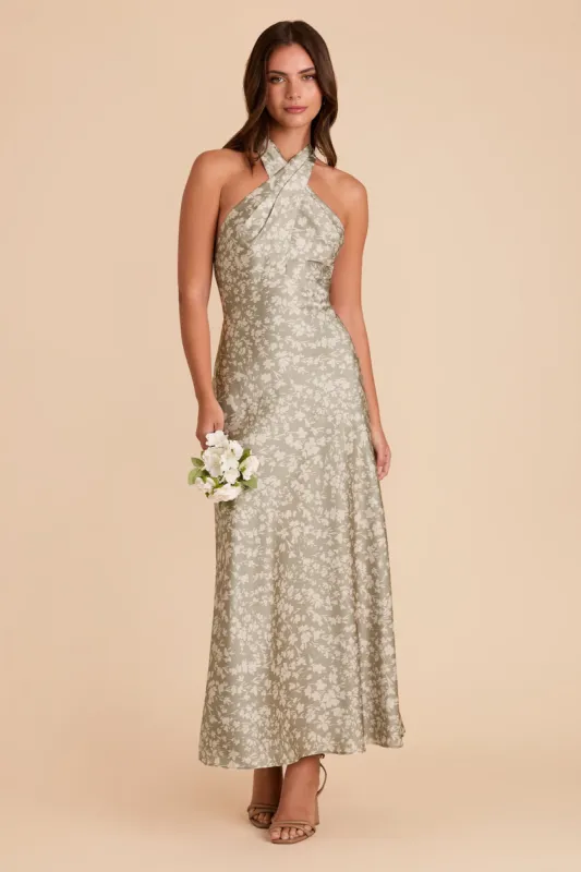 Monique Matte Satin Dress - Moss Green Dreamy Floral sold by Birdy Grey