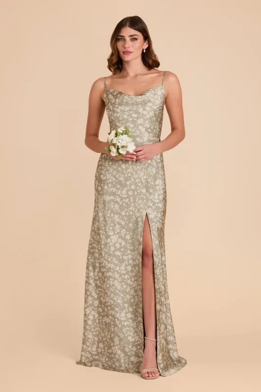 Lisa Long Matte Satin Dress - Moss Green Dreamy Floral sold by Birdy Grey