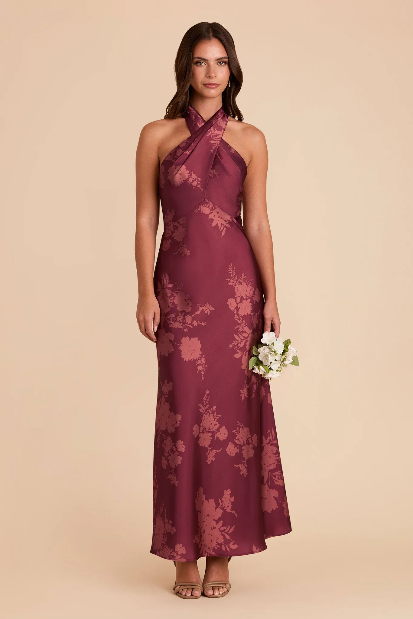 Monique Matte Satin Dress - Sangria Whimsical Blooms sold by Birdy Grey