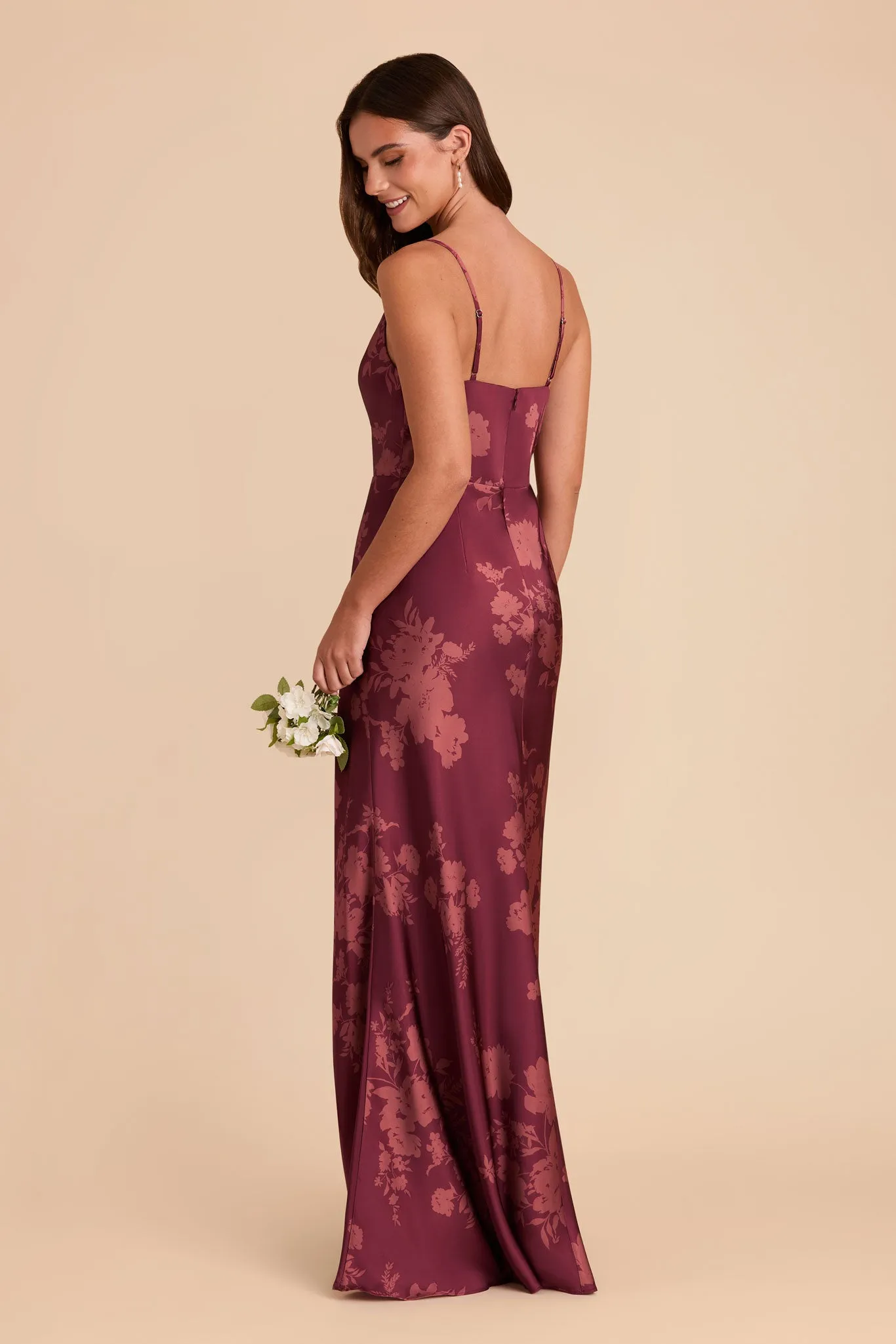 Lisa Long Matte Satin Dress - Sangria Whimsical Blooms sold by Birdy Grey product image thumbnail 3