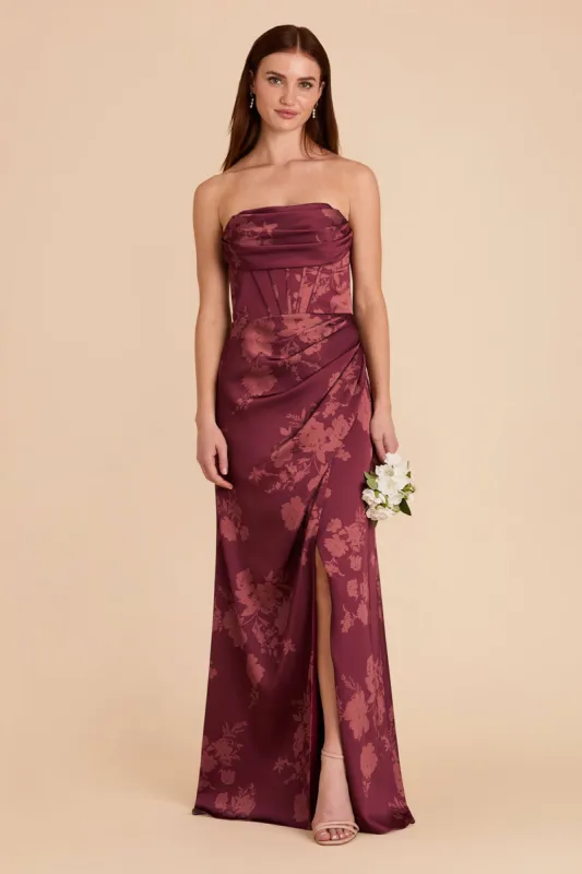 Carrie Matte Satin Dress - Sangria Whimsical Blooms sold by Birdy Grey
