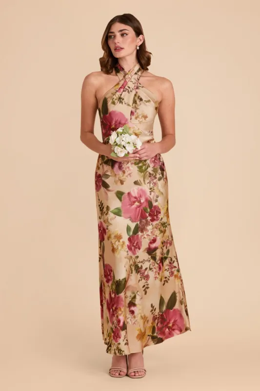 Monique Matte Satin Dress - Hazelnut Moody Blooms sold by Birdy Grey