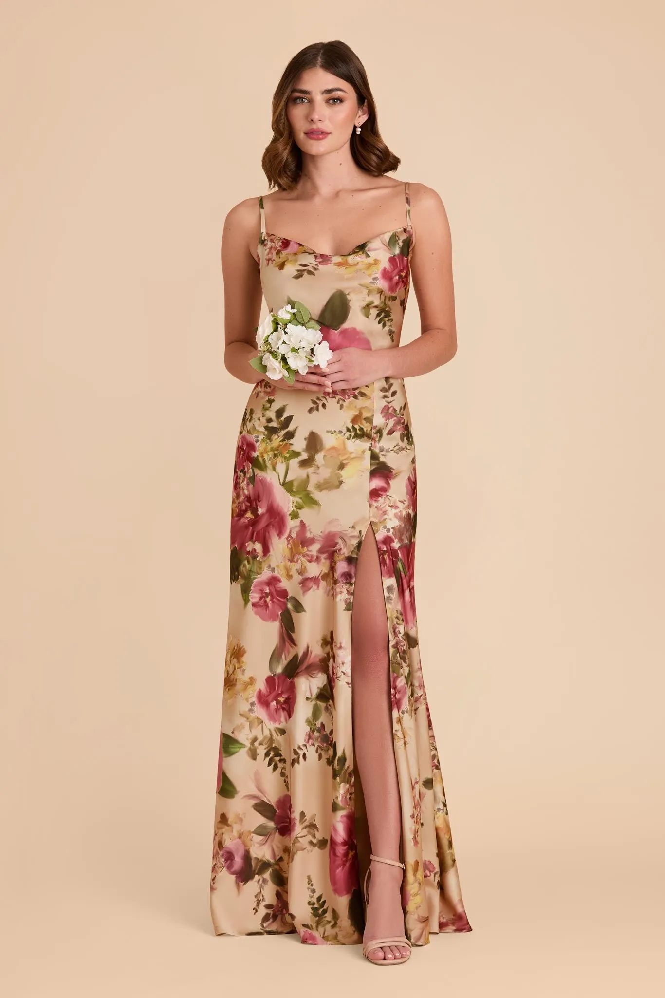 Lisa Long Matte Satin Dress - Hazelnut Moody Blooms sold by Birdy Grey
