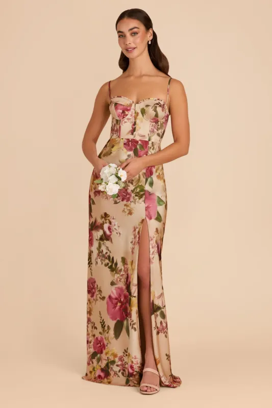 Jessica Matte Satin Dress - Hazelnut Moody Blooms sold by Birdy Grey