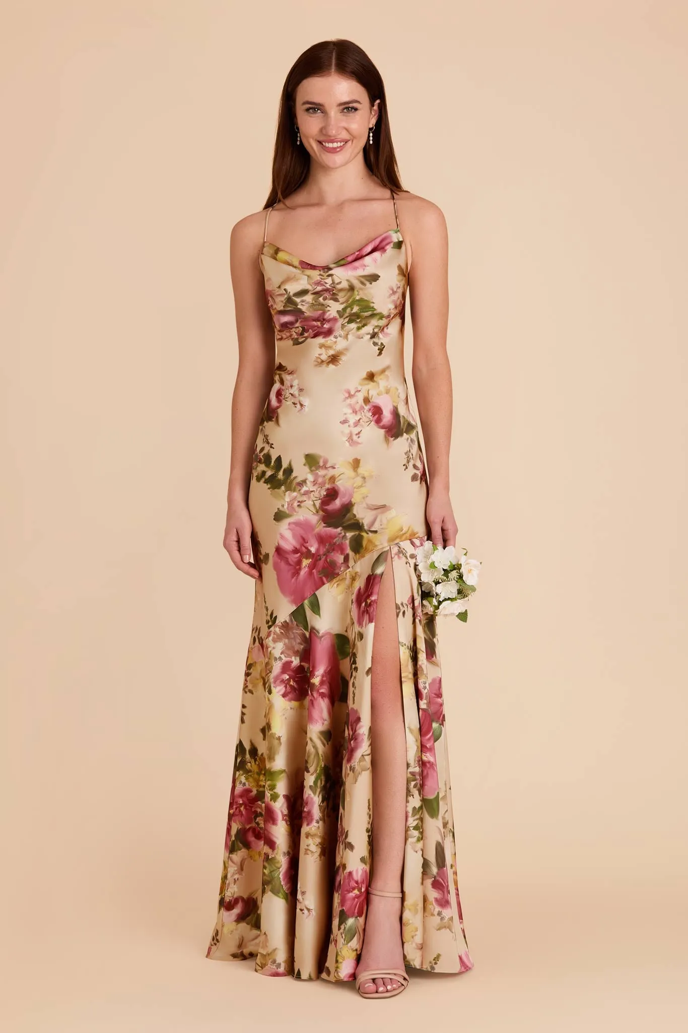 Olivia Matte Satin Dress - Hazelnut Moody Blooms sold by Birdy Grey