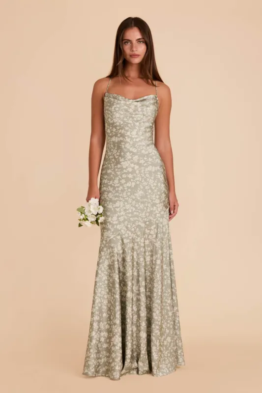 Olivia Matte Satin Dress - Moss Green Dreamy Floral sold by Birdy Grey