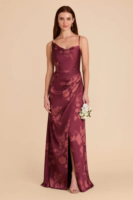 Jennifer Matte Satin Dress - Sangria Whimsical Blooms sold by Birdy Grey