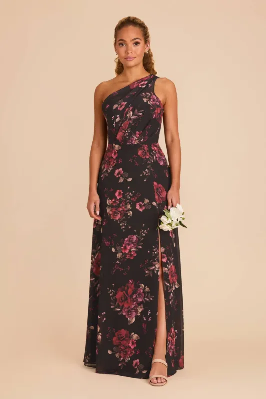 Kira Dress With Slit - Black Fleurs D'Amour sold by Birdy Grey
