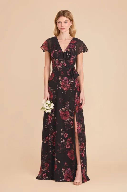 Jackson Chiffon Dress - Black Fleurs D'Amour sold by Birdy Grey