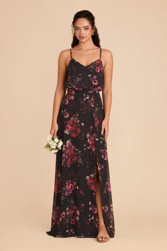 Gwennie Dress With Slit - Black Fleurs D'Amour sold by Birdy Grey