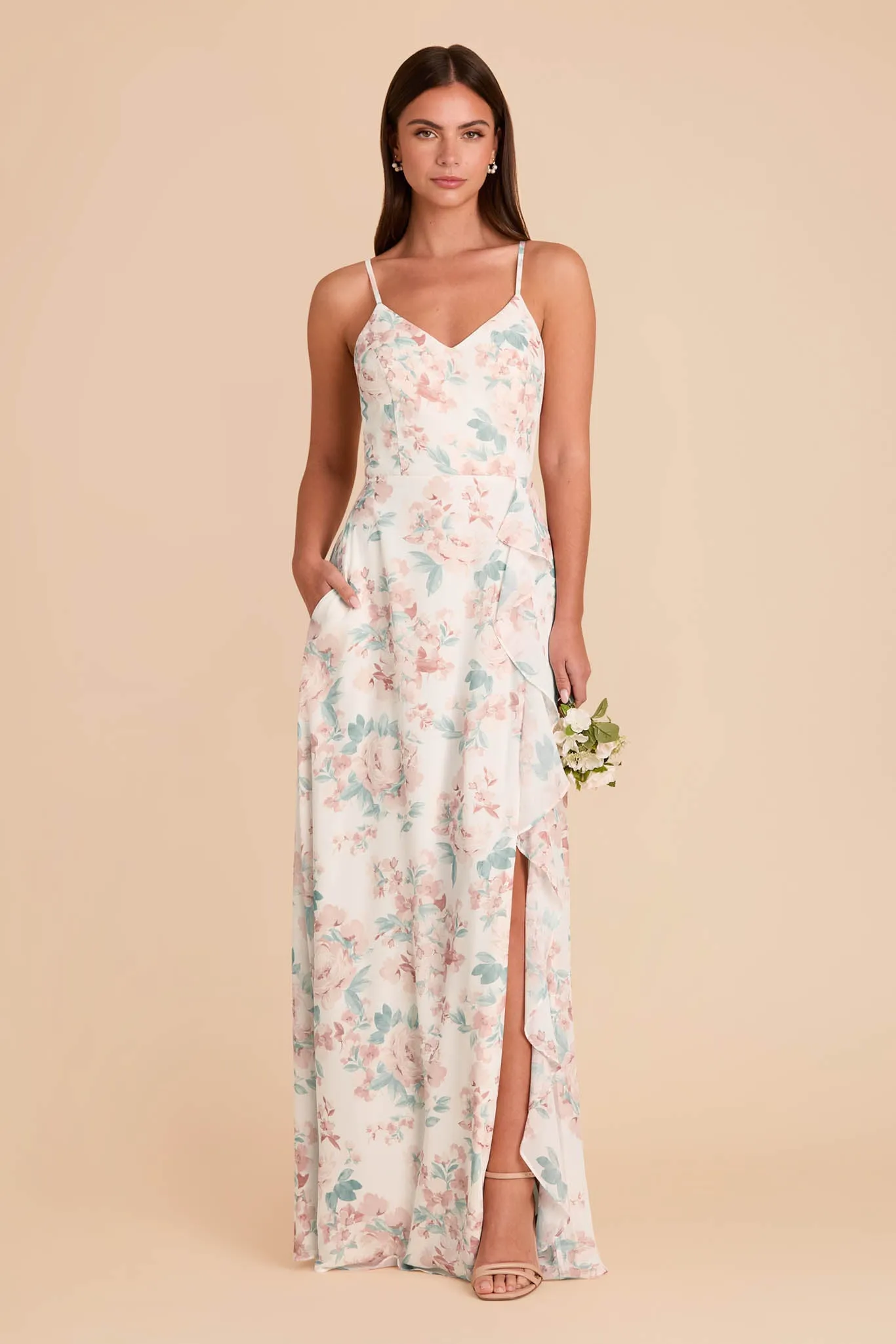 Theresa Chiffon Dress - Dusty Apricot Peonies sold by Birdy Grey