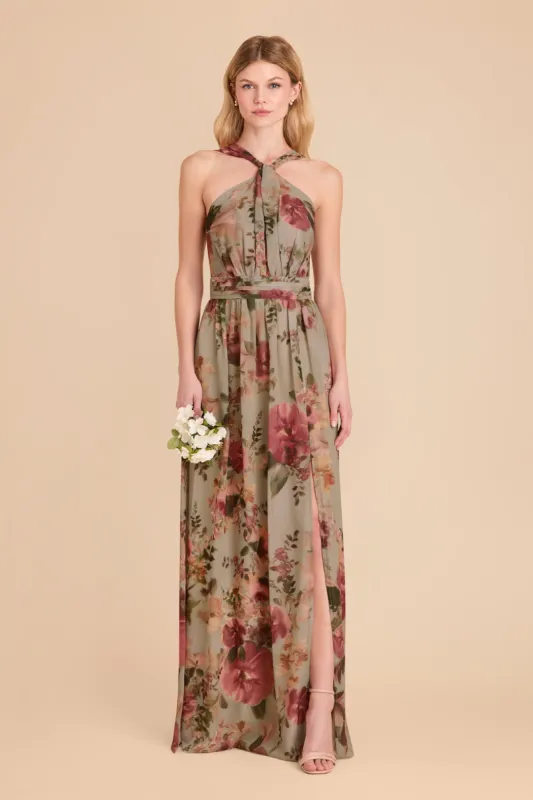 Kiko Chiffon Dress - Silver Sage Painted Botanics sold by Birdy Grey