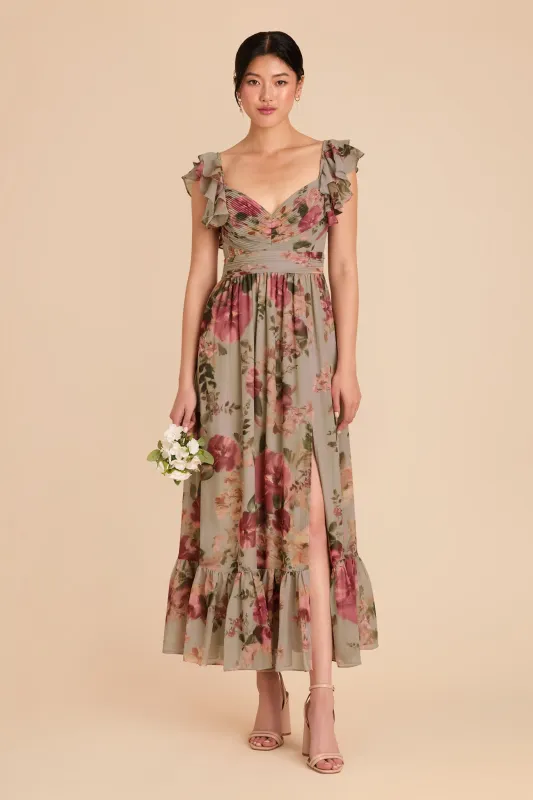 Michelle Chiffon Dress - Silver Sage Painted Botanics sold by Birdy Grey