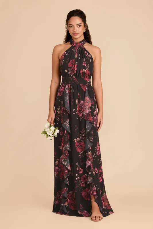 Joyce Chiffon Dress - Black Fleurs D'Amour sold by Birdy Grey